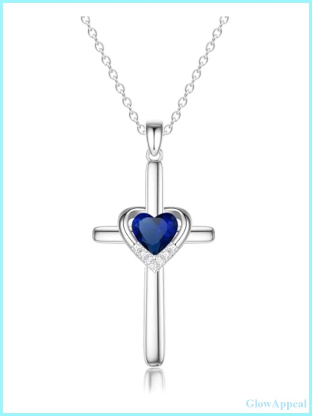 Sterling Silver Cross Necklace with Heart Sapphire Birthstone for Women